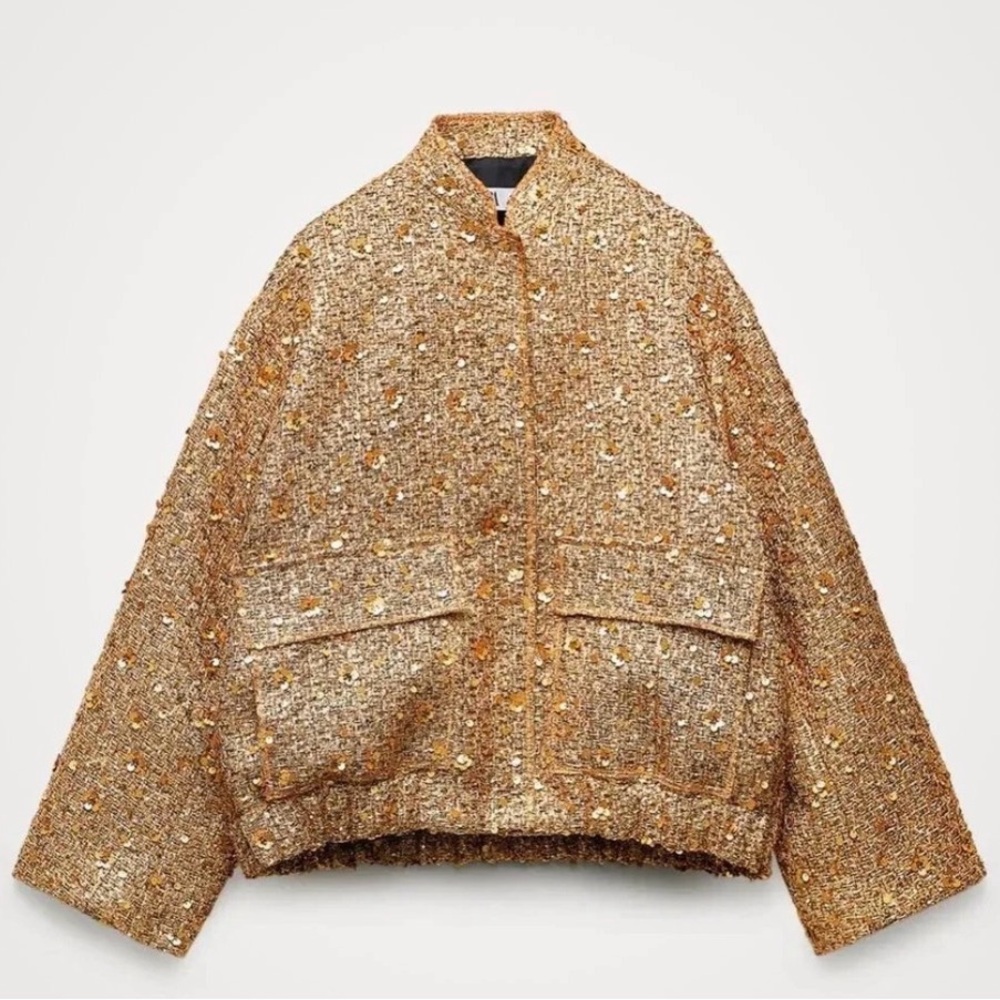 Zara Bloggers favorite! Elegant oversized Gold Women's Sequin Jacket - Picture 3 of 12
